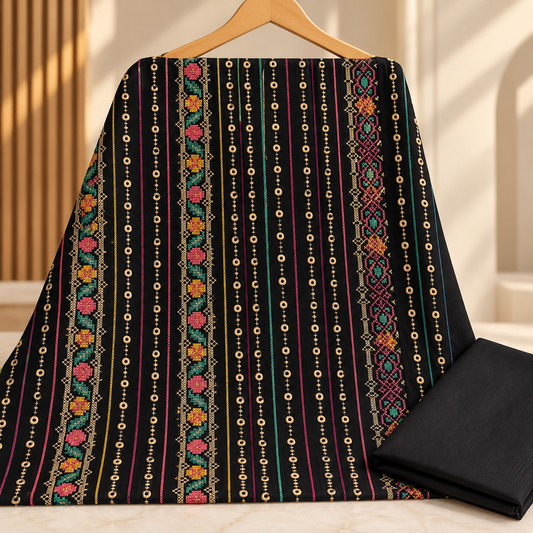 Black Khaddar Embroidered 2-Piece Suit – Design 331 — unstitched embroidered shirt and plain trouser | TANIAZE