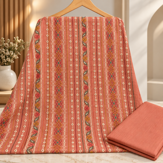 Peach Khaddar Embroidered 2-Piece Suit – Design 332 — unstitched embroidered shirt and plain trouser | TANIAZE