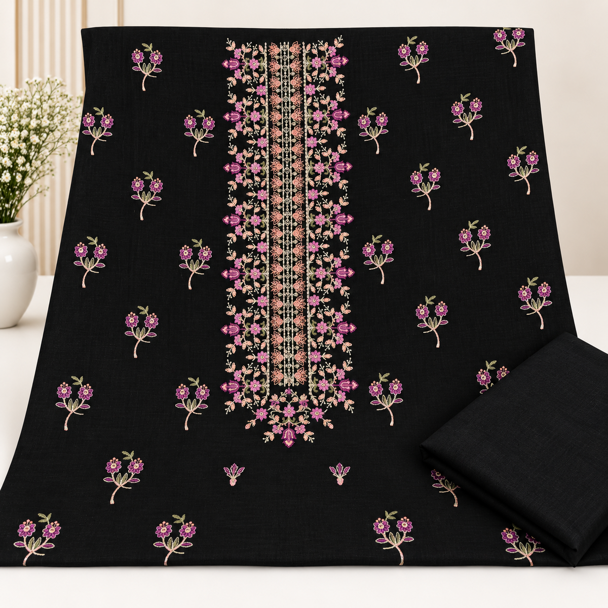 Black Khaddar Embroidered 2-Piece Suit – Design 333