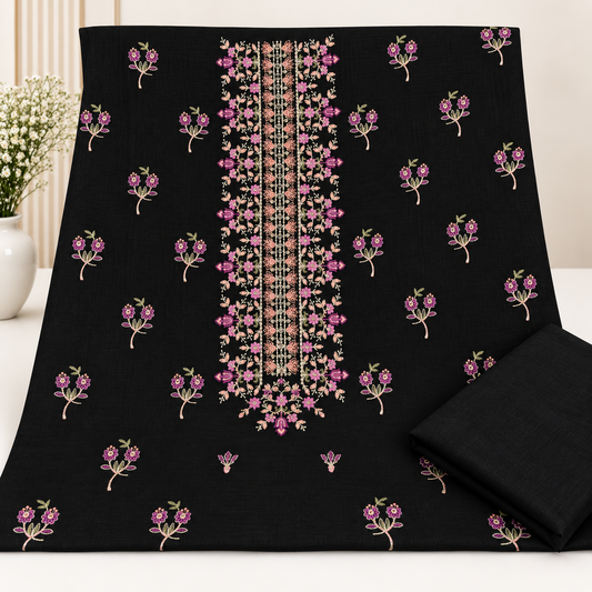 Black Khaddar Embroidered 2-Piece Suit – Design 333 — unstitched embroidered shirt and plain trouser | TANIAZE