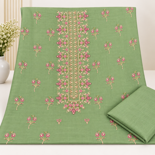 Pista Green Khaddar Embroidered 2-Piece Suit – Design 334 — unstitched embroidered shirt and plain trouser | TANIAZE