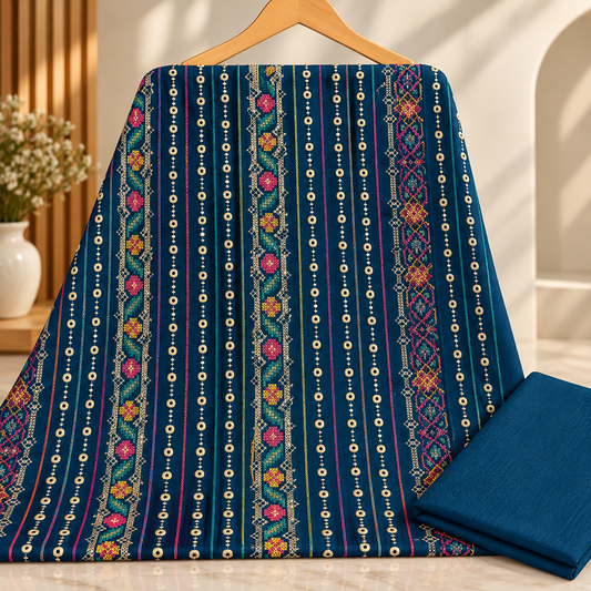 Teal Khaddar Embroidered 2-Piece Suit – Design 329 — unstitched embroidered shirt and plain trouser | TANIAZE