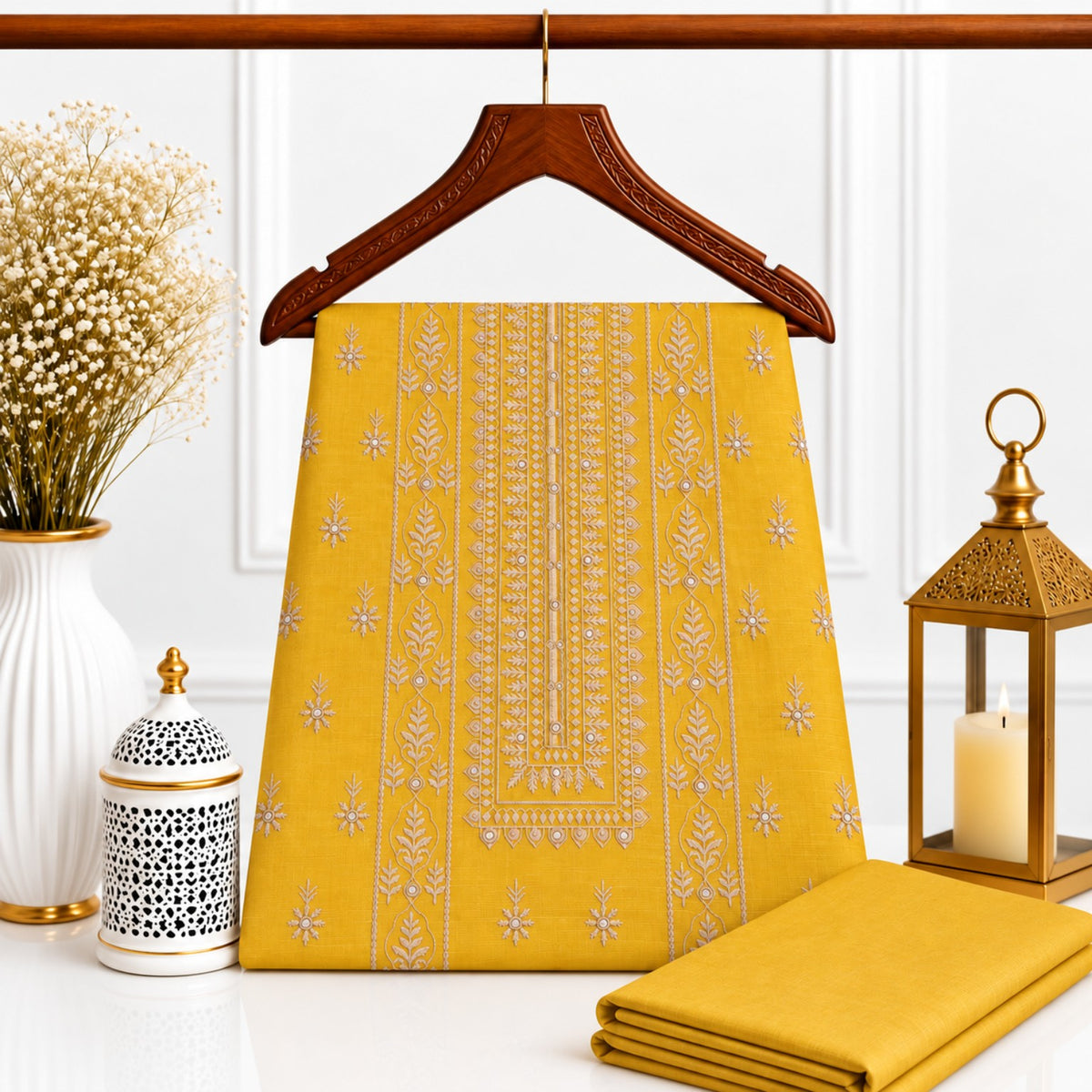 Mustard Yellow Khaddar Embroidered 2-Piece Suit – Design 10090 — unstitched embroidered shirt and plain trouser | TANIAZE
