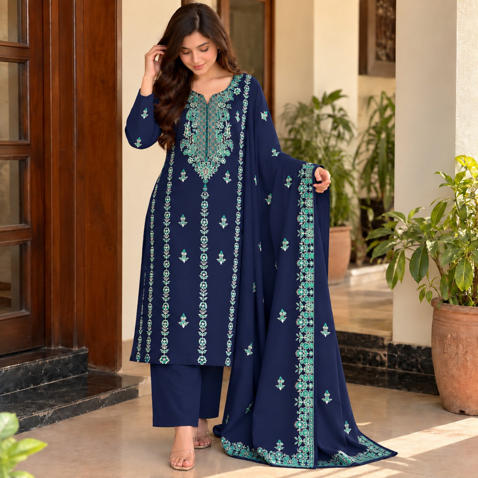 Navy Blue Dhanak embroidered 3-piece suit with embroidered shawl – Design 10098