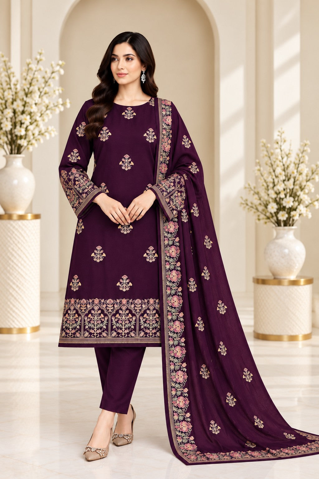 Plum Dhanak embroidered 3-piece suit with embroidered shawl – Design 10095