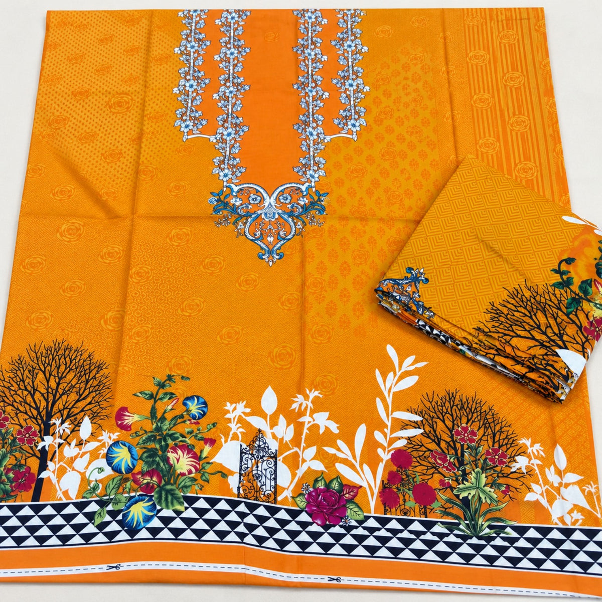 Gul Ahmed Orange Printed Linen Shirt & Dupatta at TANIAZE Special Price; an orange printed shirt with floral borders and a coordinating printed linen dupatta.