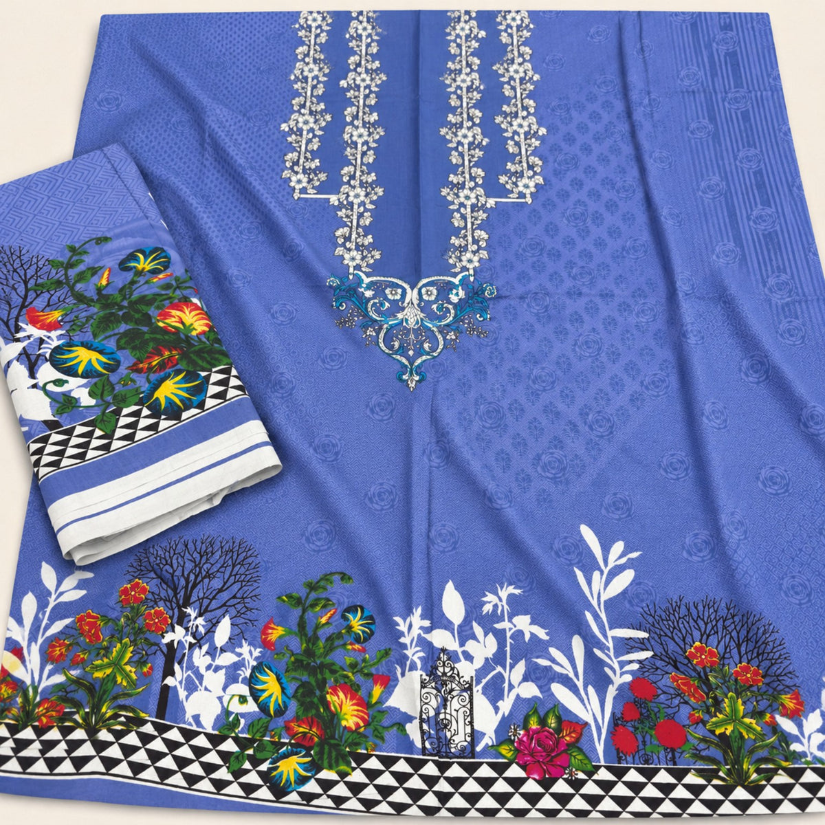 Gul Ahmed Blue Printed Linen 2-Piece Shirt & Dupatta at TANIAZE Special Price; a blue printed shirt with a decorative neckline motif, floral borders and a printed linen dupatta.