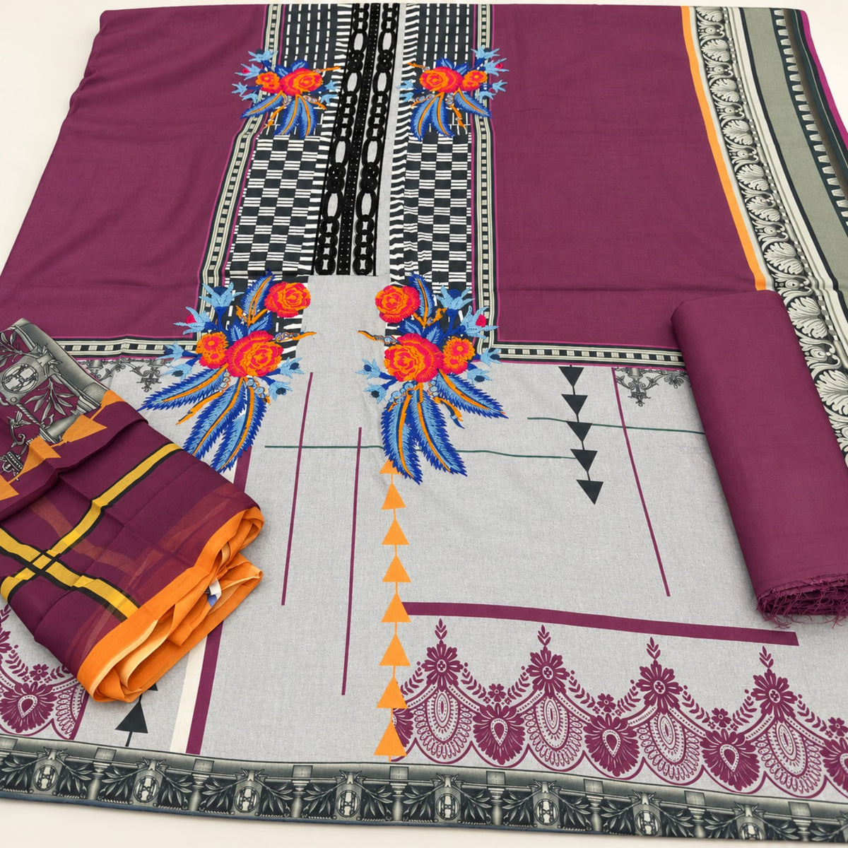 Plum Embroidered Printed Linen 3-Piece Suit at TANIAZE Special Price; a plum and cream printed shirt with embroidery and a printed chiffon dupatta.