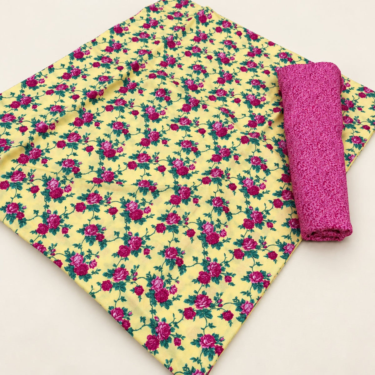 Ittehad Lemon Floral Printed Linen 2-Piece Suit at TANIAZE Special Price; small pink and purple florals on a lemon base with a solid pink trouser.
