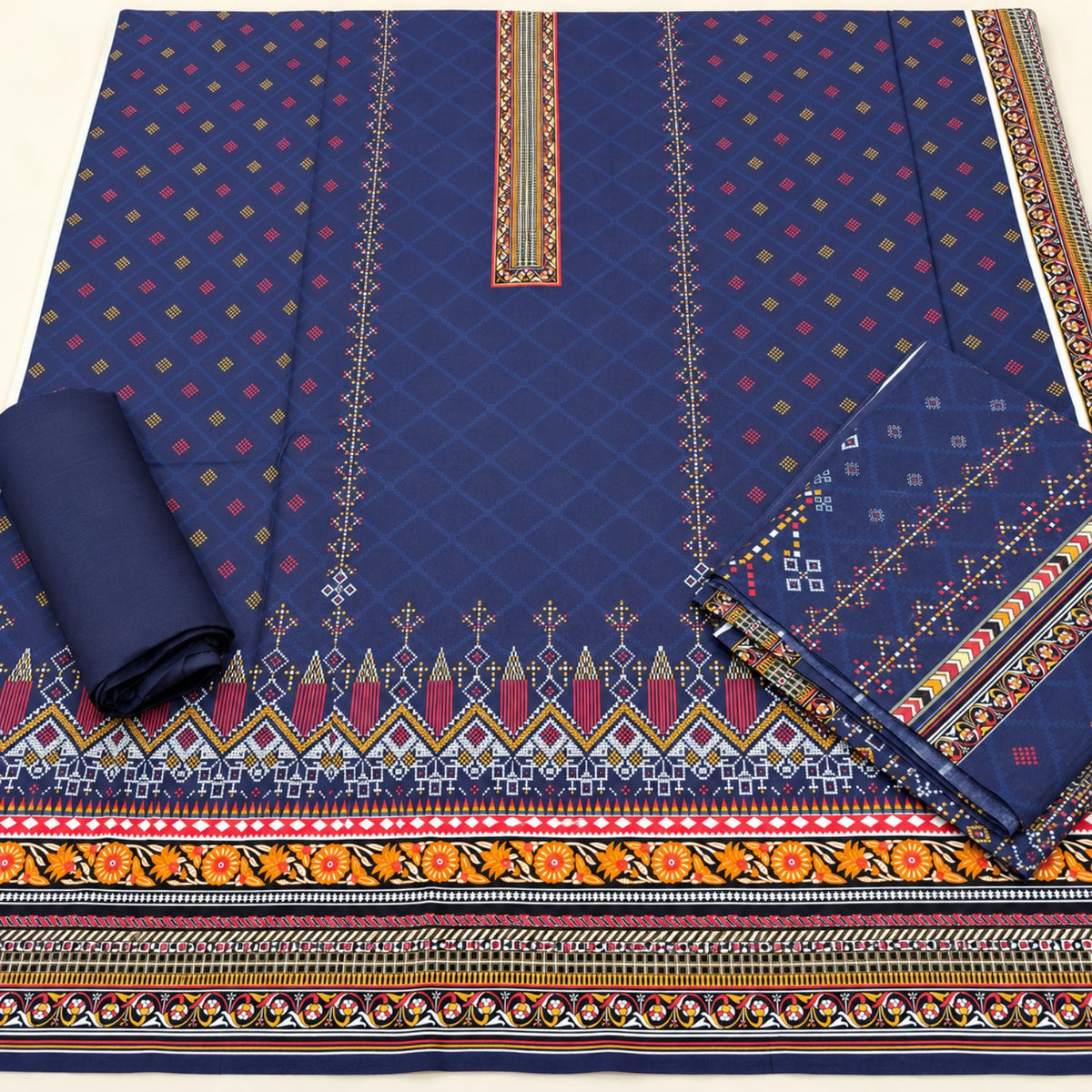 Navy Blue Printed Linen 3-Piece Suit at TANIAZE Special Price; a navy blue base with multicolour printed motifs and decorative borders.