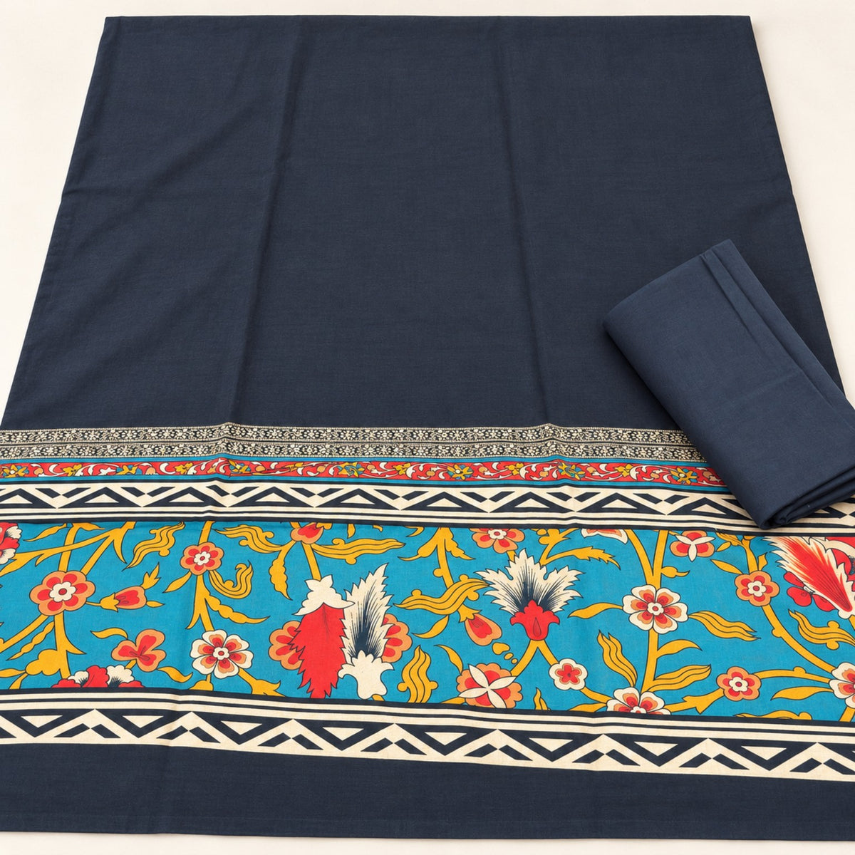 Navy Blue Printed Lawn 2-Piece Suit — Minor Defect at TANIAZE Special Price; a navy blue base and a colourful printed floral border.