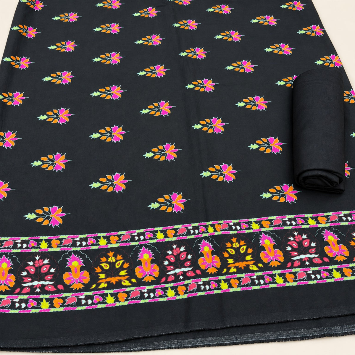 Nishat Black Floral Printed Linen 2-Piece Suit at TANIAZE Special Price; small colourful floral motifs on black with a contrasting decorative printed border.