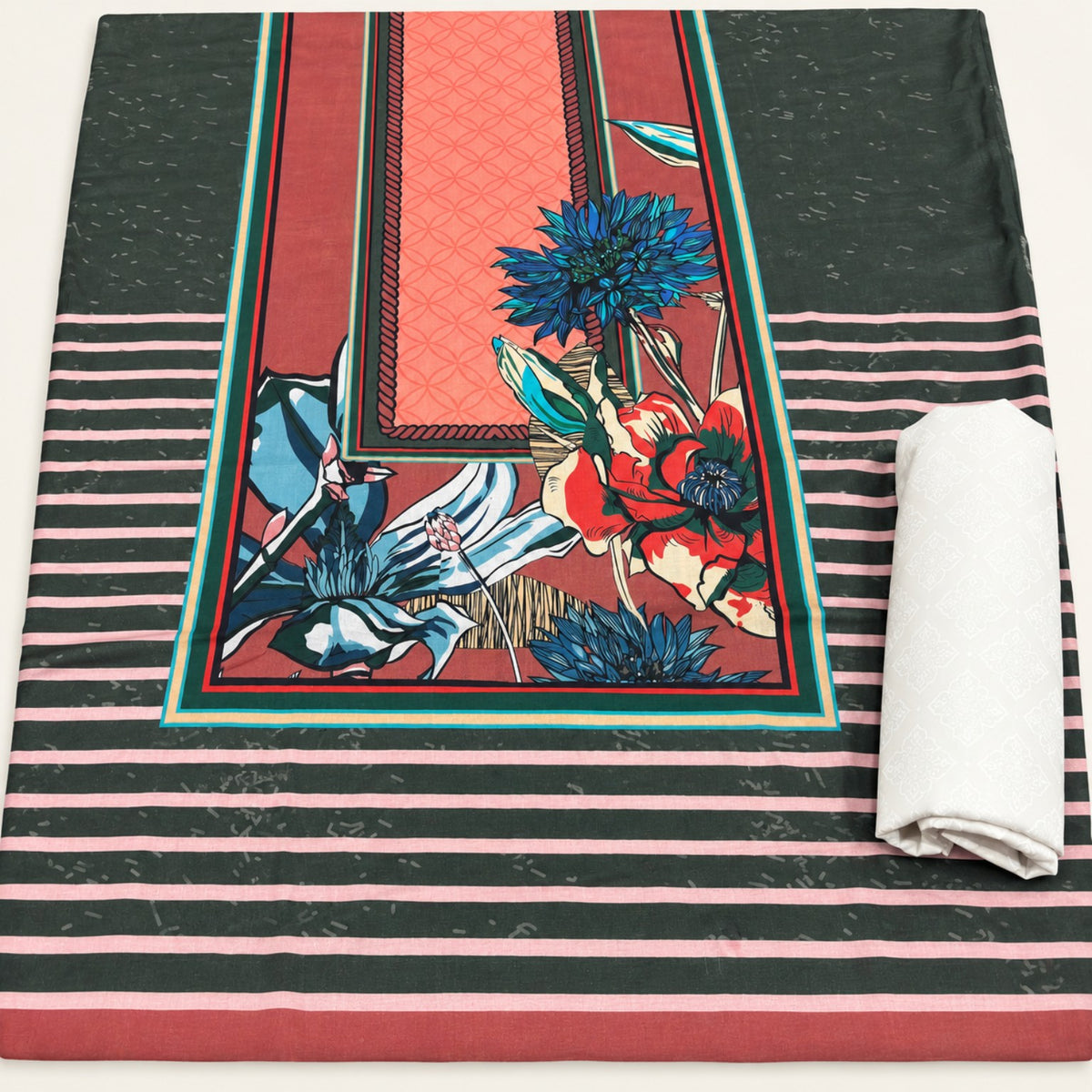 Dark Green & Coral Printed Lawn 2-Piece Suit at TANIAZE Special Price; a coral printed neckline panel, floral accents and striped borders against dark green.
