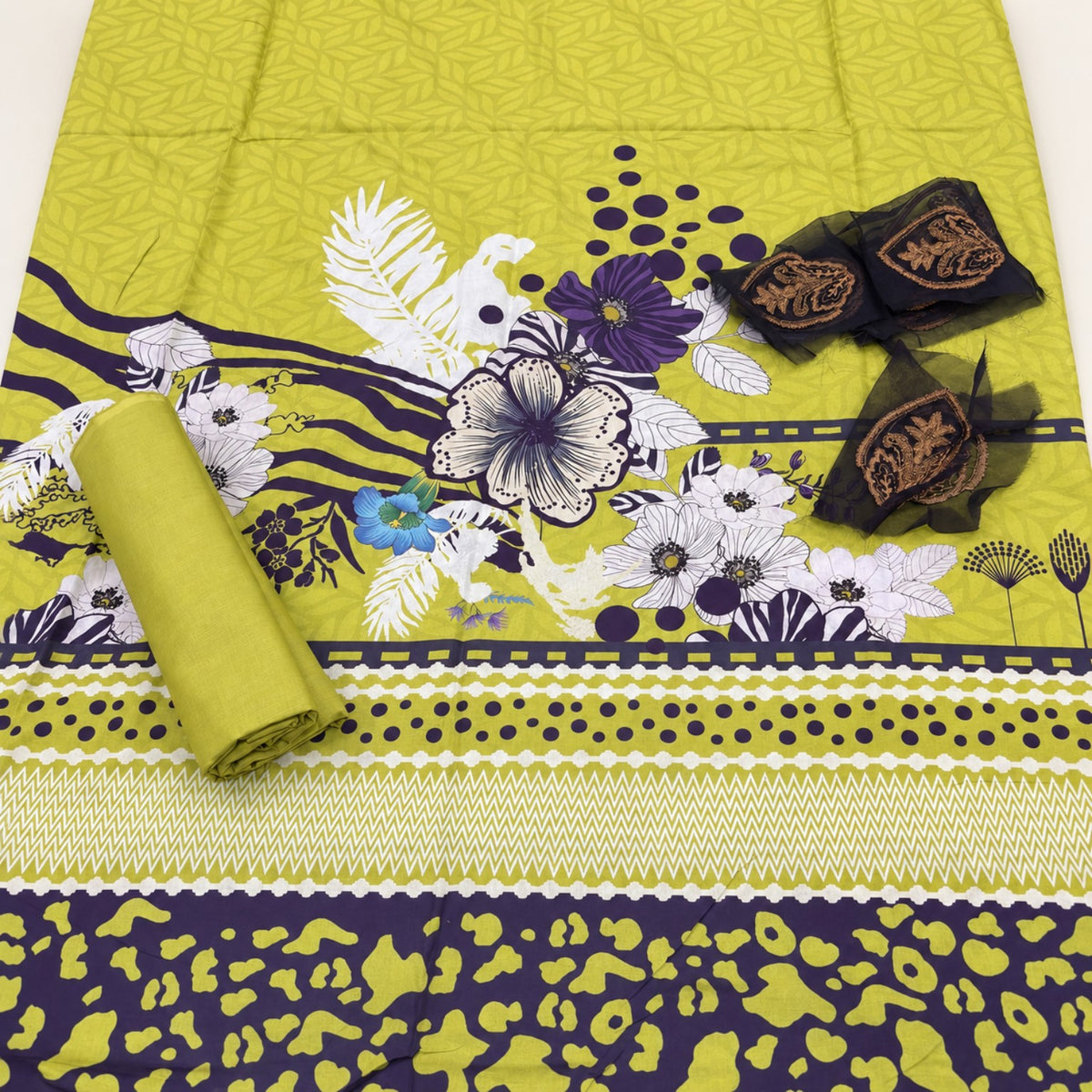 Lime Printed Lawn 2-Piece Suit with Embroidered Patches at TANIAZE Special Price; a lime base with contrasting floral print and separate embroidered patches.