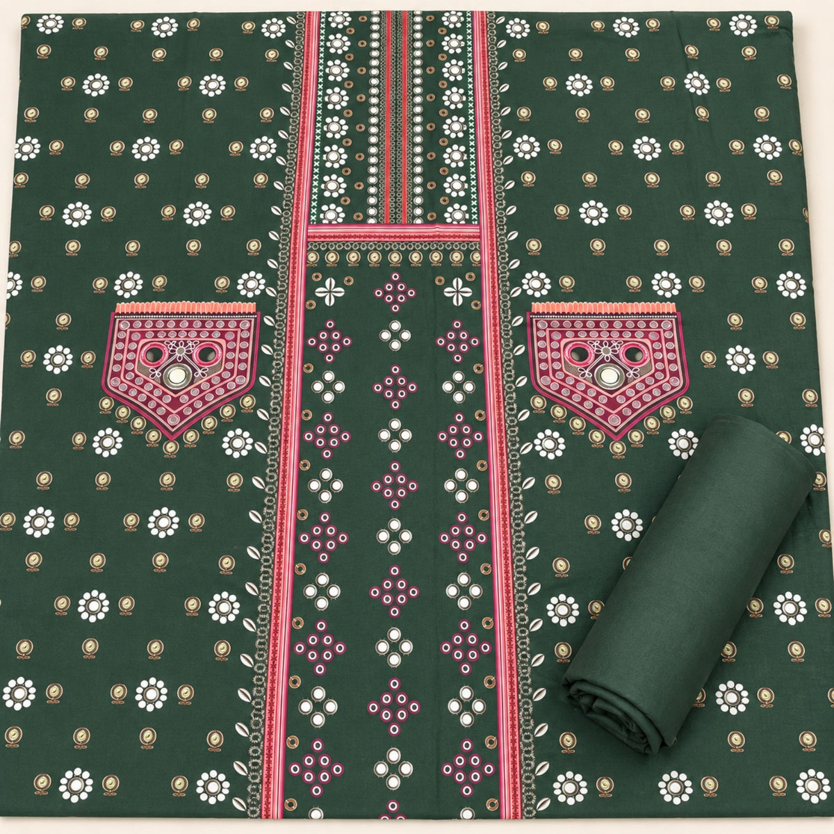 Nishat Dark Green Printed Lawn 2-Piece Suit at TANIAZE Special Price; small floral motifs and a pink printed neckline panel on a dark green base.
