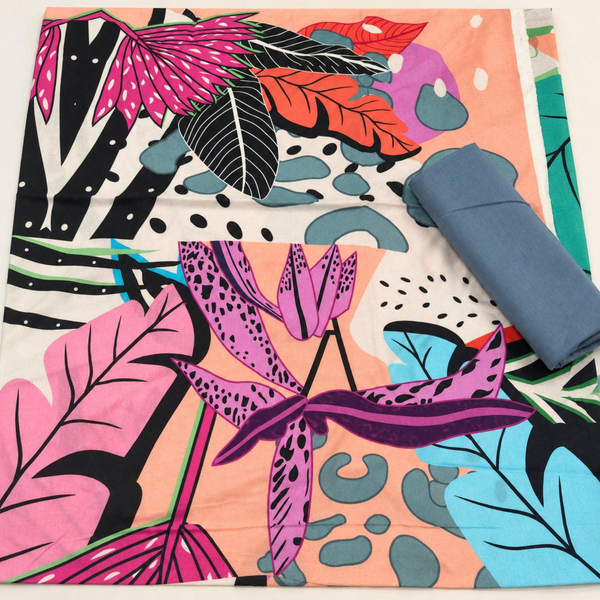 Multicolour Floral Printed Lawn 2-Piece Suit at TANIAZE Special Price; a bold botanical print in pink, coral and turquoise, paired with a solid lawn trouser.