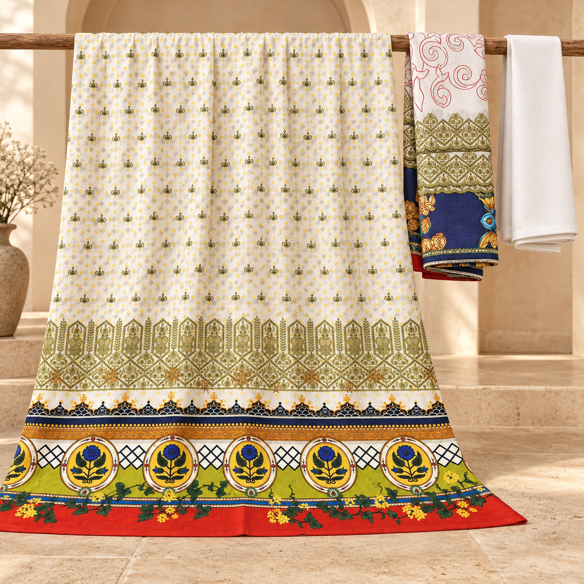 Rangrani Wool Khaddar Embroidered 3-Piece — Ivory | TZSP-021 — hanging fabric display at TANIAZE