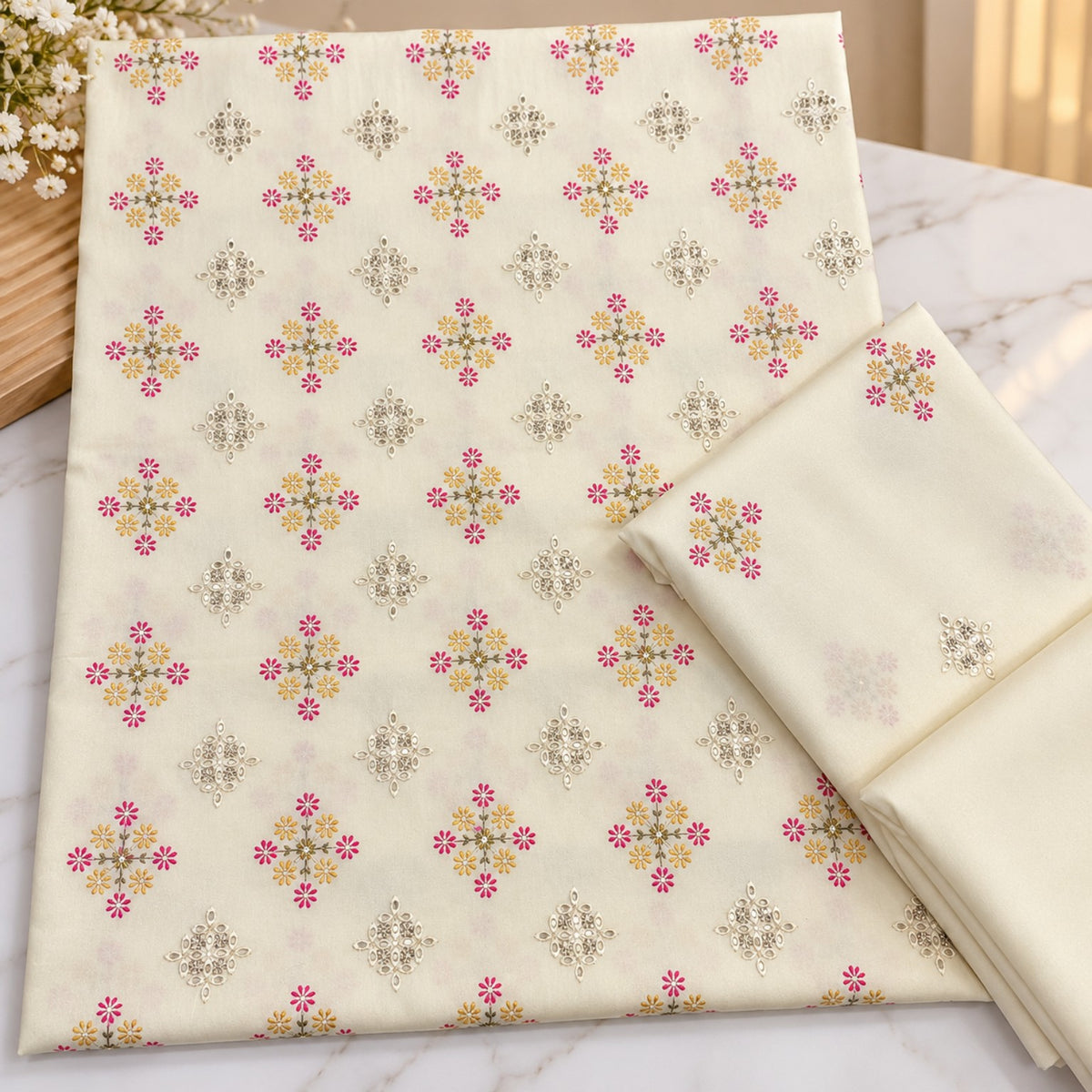 Off White Karandi Embroidered 2-Piece Suit – TZAJ-2416 | TANIAZE
